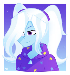Size: 2357x2528 | Tagged: safe, artist:xan-gelx, gameloft, character:trixie, species:eqg human, my little pony:equestria girls, alternate hairstyle, babysitter trixie, clothing, female, gameloft interpretation, hair over one eye, high res, hoodie, smiling, solo
