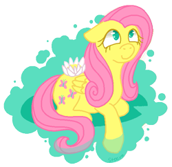 Size: 551x534 | Tagged: safe, artist:steeve, character:fluttershy, species:pegasus, species:pony, g4, abstract background, adobe imageready, female, floppy ears, flower, looking up, lotus (flower), mare, prone, simple background, solo, transparent background