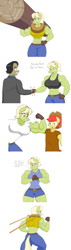 Size: 3248x11504 | Tagged: safe, artist:matchstickman, character:bright mac, character:filthy rich, character:granny smith, species:anthro, species:earth pony, species:pony, abs, back muscles, biceps, breasts, busty granny smith, clothing, colt, dialogue, female, flexing, gloves, granny smash, jeans, log, looking at you, male, mare, muscles, muscular female, one eye closed, pants, shirt, simple background, stallion, talking to viewer, white background, wink, yoke, young granny smith, younger