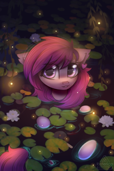 Size: 1333x2000 | Tagged: oc needed, safe, artist:radioaxi, oc, oc only, species:pony, commission, eye clipping through hair, fangs, female, lily pad, looking at you, mare, smiling, solo, water, ych result