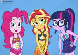 Size: 6000x4234 | Tagged: safe, artist:eagc7, character:pinkie pie, character:sunset shimmer, character:twilight sparkle, character:twilight sparkle (scitwi), species:eqg human, g4, my little pony:equestria girls, bedroom eyes, belly button, clothing, female, ko-fi, looking at you, patreon, simple background, sleeveless, swimsuit, trio