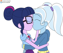 Size: 6000x5000 | Tagged: safe, artist:eagc7, character:trixie, character:twilight sparkle, character:twilight sparkle (scitwi), species:eqg human, ship:twixie, g4, my little pony:equestria girls, alternate hairstyle, commission, female, hug, kissing, ko-fi, lesbian, patreon, shipping, simple background, transparent background