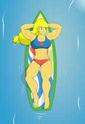 Size: 1280x1872 | Tagged: safe, artist:matchstickman, character:applejack, g4, my little pony:equestria girls, abs, applejacked, biceps, bikini, breasts, busty applejack, clothing, female, hands behind back, muscles, solo, surfboard, swimsuit, thighs, thunder thighs, water
