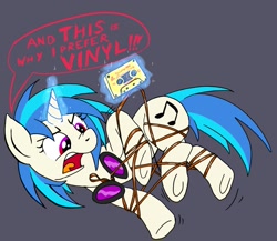 Size: 1472x1280 | Tagged: safe, artist:snapai, character:dj pon-3, character:vinyl scratch, bondage, cassette tape, dialogue, entangled, female, magic, simple background, solo, speech bubble, tangled up