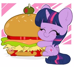 Size: 2048x1836 | Tagged: safe, artist:kittyrosie, character:twilight sparkle, character:twilight sparkle (alicorn), species:alicorn, species:pony, g4, burger, chibi, cute, eyes closed, female, food, hay burger, hug, mare, olive, smiling, solo, that pony sure does love burgers, twiabetes, twilight burgkle