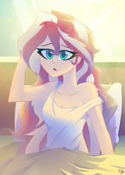 Size: 2340x3264 | Tagged: safe, artist:xan-gelx, character:sunset shimmer, g4, my little pony:equestria girls, adorasexy, bed, bedroom, breasts, cleavage, clothing, crepuscular rays, cute, dress, eyelashes, female, high res, loose fitting clothes, morning, open mouth, pillow, sexy, shimmerbetes, sleeveless, solo, tank top