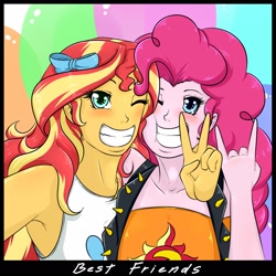 Size: 1600x1600 | Tagged: safe, artist:albertbm, character:pinkie pie, character:sunset shimmer, equestria girls:holidays unwrapped, g4, my little pony: equestria girls, my little pony:equestria girls, spoiler:eqg series (season 2), camera, clothes swap, devil horn (gesture), selfie, simple background