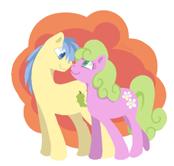 Size: 638x607 | Tagged: safe, artist:steeve, character:daisy, character:goldengrape, species:earth pony, species:pony, ship:daisygrape, g4, abstract background, adobe imageready, boop, female, male, mare, noseboop, rarepair, shipping, simple background, stallion, straight, transparent background
