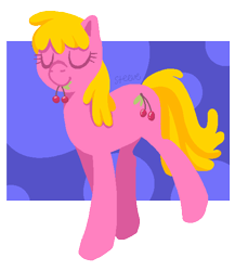 Size: 507x583 | Tagged: safe, artist:steeve, character:cherry berry, species:earth pony, species:pony, g4, abstract background, adobe imageready, cherry, eyes closed, female, mare, mouth hold, simple background, solo, transparent background
