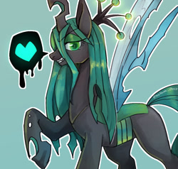 Size: 840x800 | Tagged: safe, artist:hosikawa, character:queen chrysalis, species:changeling, g4, changeling queen, crown, dialogue, female, green background, heart, jewelry, looking at you, pictogram, profile, regalia, simple background, smiling, solo, speech bubble