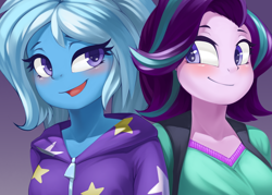 Size: 700x500 | Tagged: safe, artist:iloota, character:starlight glimmer, character:trixie, g4, my little pony:equestria girls, alternate hairstyle, babysitter trixie, clothing, duo, duo female, female, gradient background, hoodie