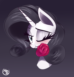 Size: 1771x1848 | Tagged: safe, artist:nevobaster, character:rarity, species:pony, species:unicorn, g4, black and white, bust, cute, female, grayscale, monochrome, mouth hold, noir, one eye closed, partial color, portrait, raribetes, solo, wink