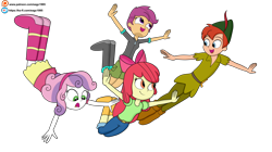 Size: 6000x3357 | Tagged: safe, artist:eagc7, patreon reward, character:apple bloom, character:scootaloo, character:sweetie belle, species:pegasus, species:pony, g4, my little pony:equestria girls, crossover, cutie mark crusaders, disney, equestria girls-ified, female, flying, ko-fi, male, patreon, peter pan, scootaloo can fly, simple background, transparent background
