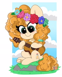 Size: 1654x2048 | Tagged: safe, artist:kittyrosie, character:pear butter, species:earth pony, species:pony, g4, blushing, cloud, cute, female, floral head wreath, flower, guitar, mare, moss, musical instrument, pearabetes, rock, sitting, solo