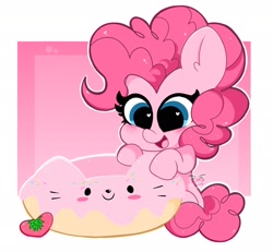 Size: 2048x1890 | Tagged: safe, artist:kittyrosie, character:pinkie pie, species:earth pony, species:pony, g4, big ears, cat, cute, daily dose of pony cuteness, diapinkes, donut, female, food, happy, heart eyes, mare, open mouth, sitting, smiling, solo, strawberry, wingding eyes