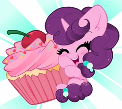 Size: 2048x1826 | Tagged: safe, artist:kittyrosie, character:sugar belle, species:pony, species:unicorn, g4, chibi, cupcake, cute, female, food, happy, mare, simple background, solo, sugarbetes, tiny, tiny ponies