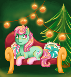 Size: 720x772 | Tagged: safe, artist:steeve, character:minty, species:earth pony, species:pony, g3, christmas, clothing, couch, female, g3 to g4, g3betes, generation leap, holiday, mare, mintabetes, prone, socks, solo, tree