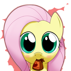 Size: 1080x1080 | Tagged: safe, artist:hoyeechun, character:fluttershy, bust, chocolate, female, mouth hold, portrait, solo, valentine