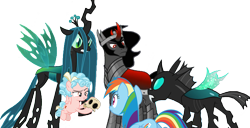 Size: 1411x720 | Tagged: safe, artist:dashiesparkle edit, artist:kayman13, artist:suramii, edit, character:cozy glow, character:king sombra, character:queen chrysalis, character:rainbow dash, character:thorax, species:changeling, species:pegasus, species:pony, species:umbrum, g4, angry, crystal wings, cute, fangs, female, filly, flying, freckles, frown, holding, looking at each other, male, mare, ready to fight, simple background, skull, sombradorable, transparent background, vector, vector edit, wings
