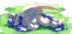 Size: 2500x1195 | Tagged: safe, artist:peachmayflower, oc, oc only, oc:gabriel, species:pegasus, species:pony, g4, blank flank, commission, eyes closed, fluffy, grass, lying down, smiling, solo