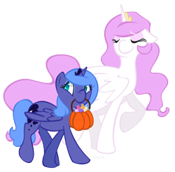 Size: 762x749 | Tagged: safe, artist:steeve, character:princess celestia, character:princess luna, species:alicorn, species:pony, g4, adobe imageready, candy, female, filly, lollipop, mouth hold, nightmare night, pink-mane celestia, s1 luna, simple background, transparent background