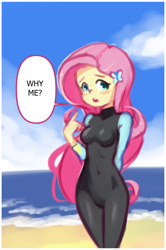 Size: 1220x1840 | Tagged: safe, artist:drantyno, character:fluttershy, g4, my little pony:equestria girls, adorasexy, belly button, blushing, clothing, cloud, cute, ocean, open mouth, sand, sexy, shyabetes, skintight clothes, sky, swimsuit, tight clothing, water, wetsuit, why me?