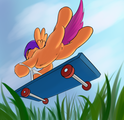 Size: 1666x1618 | Tagged: safe, artist:sokolas, character:scootaloo, species:pegasus, species:pony, chest fluff, featureless crotch, female, fluffy, from below, scooter, solo