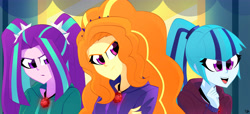 Size: 6262x2850 | Tagged: safe, artist:xan-gelx, character:adagio dazzle, character:aria blaze, character:sonata dusk, equestria girls:rainbow rocks, g4, my little pony: equestria girls, my little pony:equestria girls, absurd resolution, clothing, female, gem, happy, hoodie, looking at you, open mouth, siren gem, smiling, the dazzlings