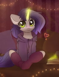 Size: 1324x1713 | Tagged: safe, artist:radioaxi, oc, oc only, oc:moonsonat, species:pony, species:unicorn, g4, :3, book, clothing, female, gift art, glowing horn, heart, hoodie, horn, looking at you, magic, mare, pillow, sitting, smiling, socks, solo, string lights