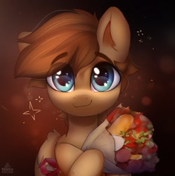 Size: 1594x1600 | Tagged: safe, artist:radioaxi, oc, oc only, species:pony, g4, abstract background, bouquet, eye clipping through hair, flower, gift art, looking at you, smiling, solo