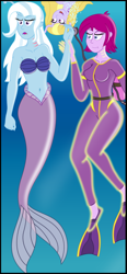 Size: 656x1412 | Tagged: safe, artist:physicrodrigo, character:fuchsia blush, character:lavender lace, character:trixie, g4, my little pony:equestria girls, belly button, cropped, flippers, gills, mermaid, mermaidized, scuba, species swap, transformation, trixie and the illusions, underwater, wetsuit