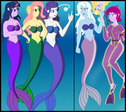 Size: 1999x1784 | Tagged: safe, artist:physicrodrigo, part of a set, character:fluttershy, character:fuchsia blush, character:lavender lace, character:rarity, character:trixie, character:twilight sparkle, character:twilight sparkle (eqg), species:eqg human, series:equestria mermaids, g4, my little pony:equestria girls, :t, air tank, angler fish, belly button, bra, breasts, bubble, busty fluttershy, busty fuchsia blush, busty rarity, busty trixie, busty twilight sparkle, cleavage, crossed arms, ear fins, fish, flippers, frown, gills, glow, hands on hip, happy, magic, mermaid, mermaidized, oh crap, open mouth, part of a series, raised eyebrow, raised finger, rebreather, scuba, seashell bra, smiling, species swap, story included, transformation, trixie and the illusions, two panels, underwater, upside down, wetsuit, wrist grab