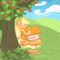 Size: 800x800 | Tagged: safe, artist:steeve, character:applejack, species:earth pony, species:pony, g4, apple, caught, cloud, dishonorapple, female, fruit heresy, mare, no one must know, orange, sitting, solo, tree