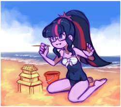 Size: 2330x2050 | Tagged: safe, artist:drantyno, character:twilight sparkle, character:twilight sparkle (scitwi), species:eqg human, g4, my little pony:equestria girls, adorkable, barefoot, beach, bucket, clothing, cute, dork, egghead, feet, female, glasses, one-piece swimsuit, pencil, sand, sand sculpture, sandcastle, sitting, solo, swimsuit, twiabetes