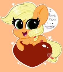 Size: 1802x2048 | Tagged: safe, artist:kittyrosie, character:applejack, species:earth pony, species:pony, g4, blushing, cute, dialogue, female, hatless, heart, jackabetes, mare, missing accessory, open mouth, orange background, prone, simple background, solo, speech bubble, weapons-grade cute