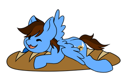 Size: 2367x1542 | Tagged: safe, artist:noxiedraws, oc, oc only, oc:pegasusgamer, species:pegasus, species:pony, g4, bread, chibi, cute, food, happy, lying down, one eye closed, simple background, transparent background, wings