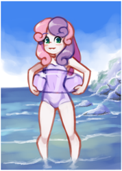 Size: 1540x2160 | Tagged: safe, artist:drantyno, character:sweetie belle, g4, my little pony:equestria girls, beach, blushing, clothing, female, inner tube, looking at you, ocean, one-piece swimsuit, solo, swimsuit