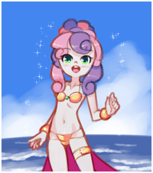 Size: 1230x1390 | Tagged: safe, artist:drantyno, character:sweetie belle, g4, my little pony:equestria girls, alternate hairstyle, beach, belly button, belly dancer, belly dancer outfit, bikini, blushing, bracelet, clothing, female, jewelry, leg bracelet, looking at you, midriff, ocean, solo, swimsuit