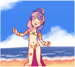 Size: 1980x1780 | Tagged: safe, artist:drantyno, character:sweetie belle, species:human, g4, alternate hairstyle, armlet, beach, belly button, belly dancer, belly dancer outfit, bikini, blushing, bracelet, clothing, female, humanized, jewelry, leg bracelet, midriff, necklace, ocean, solo, swimsuit
