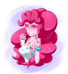 Size: 1850x2000 | Tagged: safe, artist:albertbm, character:pinkie pie, g4, my little pony:equestria girls, drinking, female, looking at you, peace sign, sleeveless, sunglasses