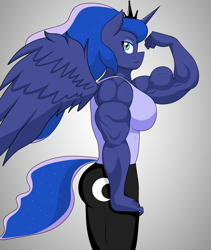 Size: 1343x1588 | Tagged: safe, artist:matchstickman, character:princess luna, species:alicorn, species:anthro, species:pony, g4, butt, clothing, commission, female, gradient background, muscles, muscular female, pants, princess muscle moona, solo, tank top