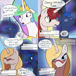 Size: 2562x2562 | Tagged: safe, artist:professor-ponyarity, character:princess celestia, character:princess luna, oc, oc:bonniecorn, oc:fausticorn, species:alicorn, species:pony, g4, everyone play nice, this will not end well, tumblr:ask rye dimar dragon