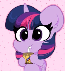 Size: 1150x1250 | Tagged: safe, artist:kittyrosie, character:twilight sparkle, character:twilight sparkle (alicorn), species:alicorn, species:pony, g4, cute, drink, drinking, female, juice, juice box, mare, pink background, simple background, solo, straw, twiabetes, yoohoo