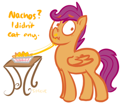 Size: 800x680 | Tagged: safe, artist:steeve, character:scootaloo, species:pegasus, species:pony, g4, cheese, cropped, female, filly, lies, nachos, scrunchy face, simple background, solo, table, white background