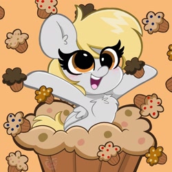 Size: 2048x2048 | Tagged: safe, artist:kittyrosie, character:derpy hooves, species:pegasus, species:pony, g4, chest fluff, cute, derpabetes, female, food, high res, mare, muffin, open mouth, orange background, ponies in food, simple background, solo, that pony sure does love muffins
