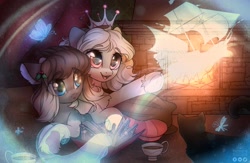 Size: 2450x1600 | Tagged: safe, artist:radioaxi, oc, oc only, species:pony, g4, art trade, butterfly, cat, chest fluff, clothing, crown, cup, dragonfly, duo, eye clipping through hair, female, fire, fireplace, insect, jewelry, magic, mare, regalia, ship, smiling, socks, striped socks, underhoof, unshorn fetlocks