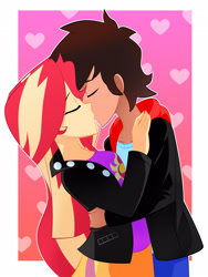 Size: 2354x3128 | Tagged: safe, artist:xan-gelx, character:sunset shimmer, oc, g4, my little pony:equestria girls, canon x oc, clothing, commission, eyes closed, female, high res, kissing, male, pants, shipping, skirt, straight