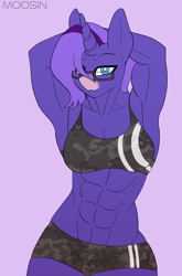Size: 1780x2705 | Tagged: safe, artist:mopyr, oc, oc only, oc:empathy, species:anthro, g4, abs, armpits, clothing, female, fit, glasses, midriff, muscles, muscular female, solo, sports bra