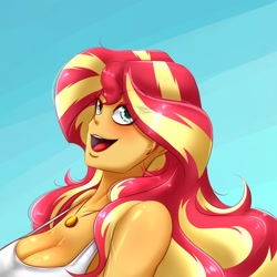 Size: 1600x1600 | Tagged: safe, artist:albertbm, character:sunset shimmer, species:eqg human, g4, my little pony:equestria girls, breasts, busty sunset shimmer, cleavage, faec, female, looking at you, open mouth, solo