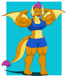 Size: 1968x2180 | Tagged: safe, artist:matchstickman, character:smolder, species:anthro, species:dragon, g4, clothing, dragoness, female, muscles, muscular female, one eye closed, shorts, showing off, solo, swolder, wink